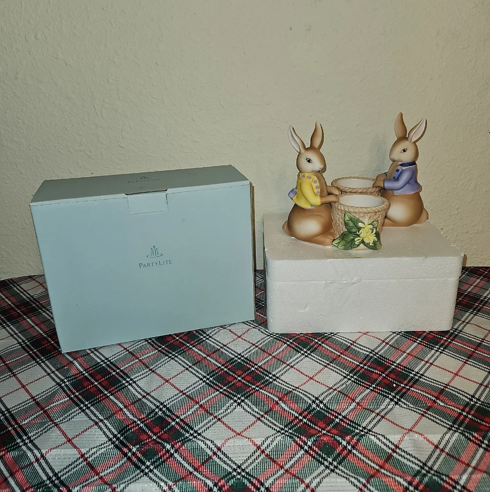 PartyLite Easter Bunny Bertie & Bea Votive Candle Holder Holiday Table Decor Set - Picture 2 of 13